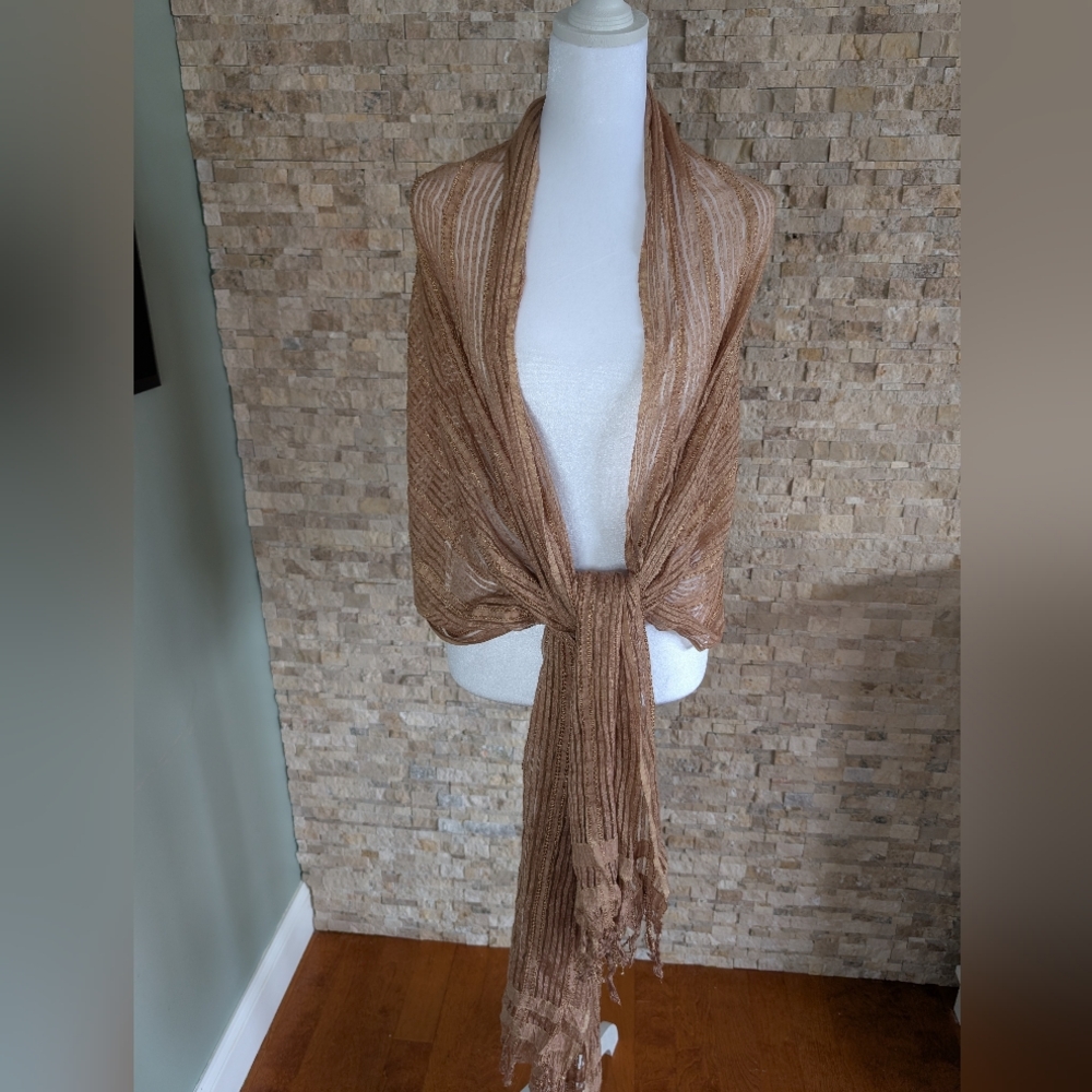 Camel Tan Boho Textured Fringe Shawl Sheer Lightweight Neutral Scarf Eco Fairy